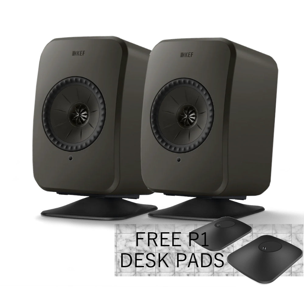 KEF LSX II LT Wireless Powered Hi-Fi Bookshelf Speakers + P1 Desk Pads