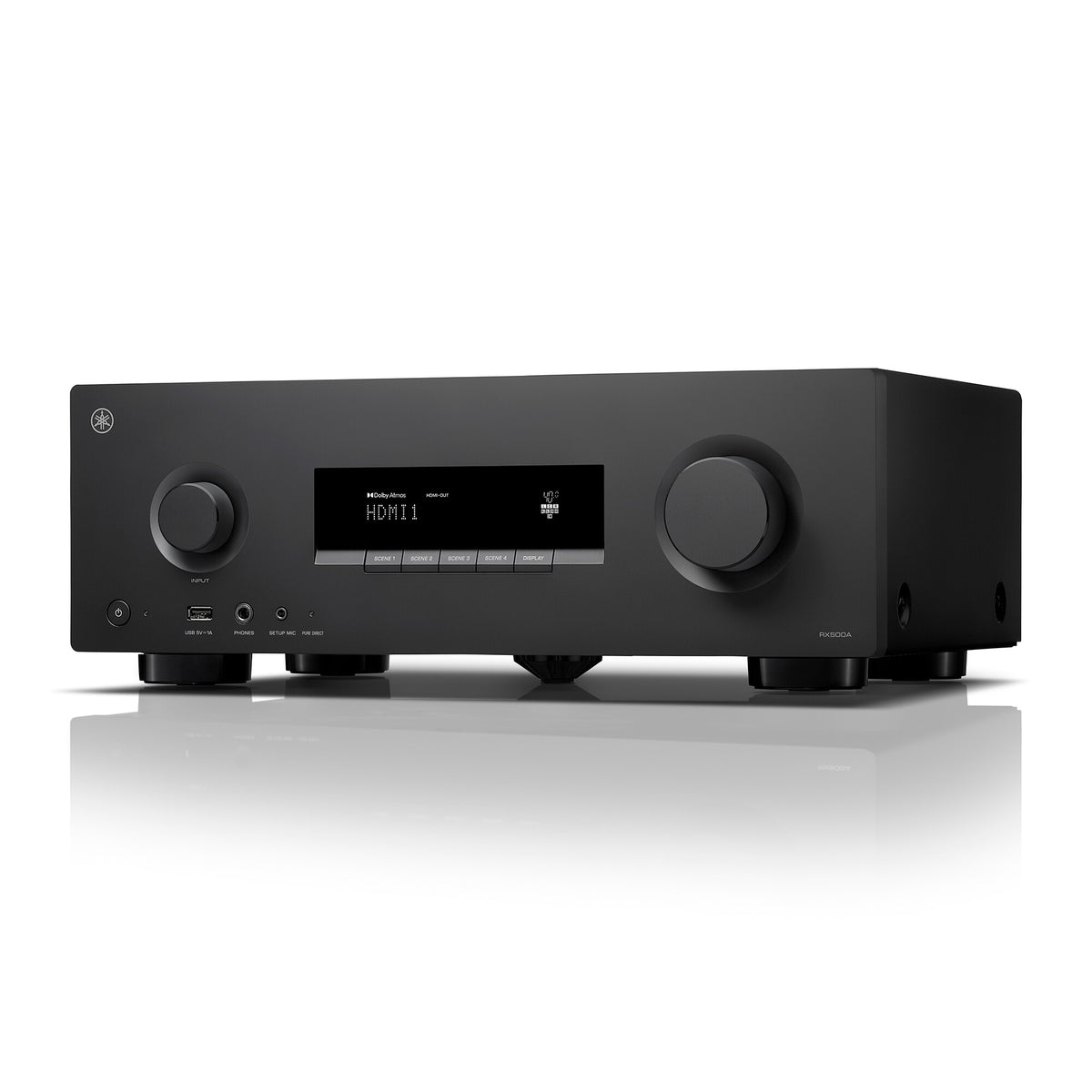 AV receiver front angled shot of RX500 screen buttons, USB input and volume dial