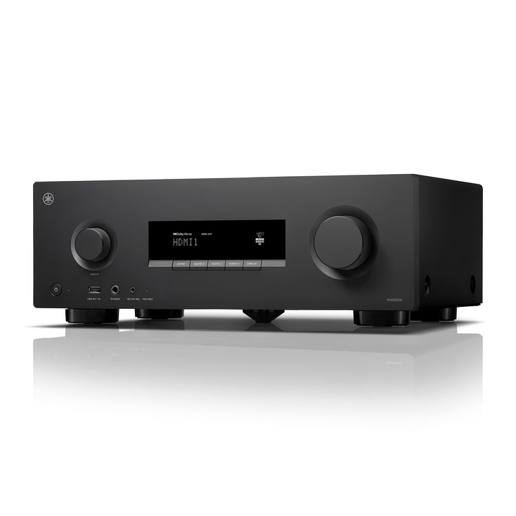 AV receiver front angled shot of RX500 screen buttons, USB input and volume dial