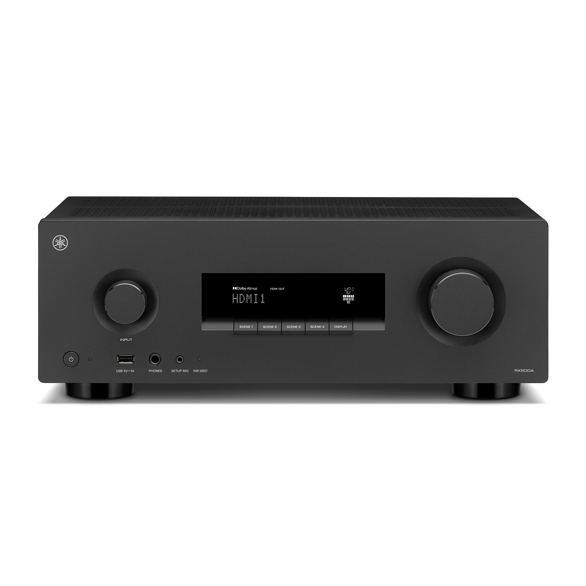 Straight on view of RX500A showing power button, scene buttons and centre display