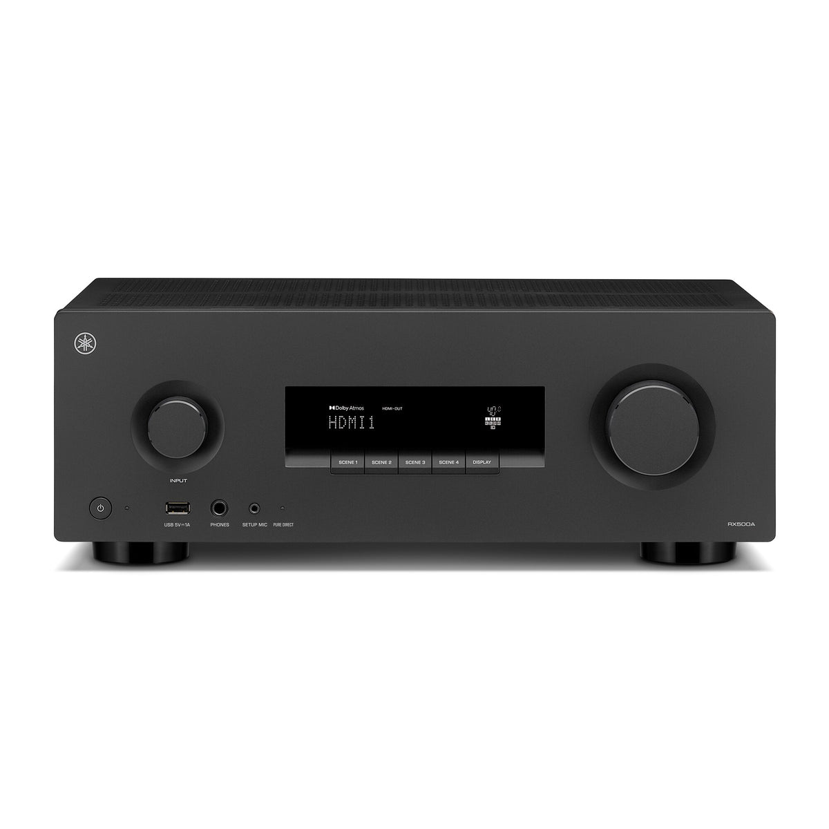 Straight on view of RX500A showing power button, scene buttons and centre display