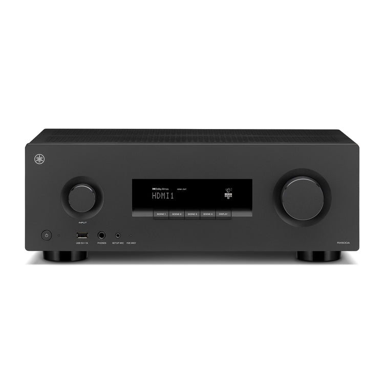 Straight on view of RX500A showing power button, scene buttons and centre display
