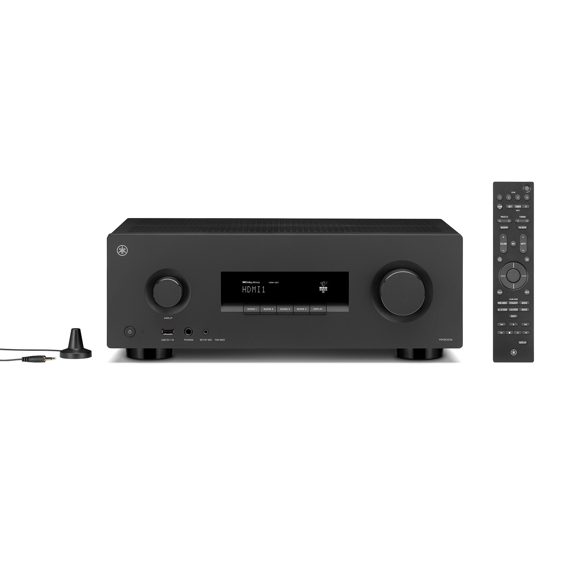 group shot of the RX500A AV receiver along with the YPAO calibration microphone and the remote control