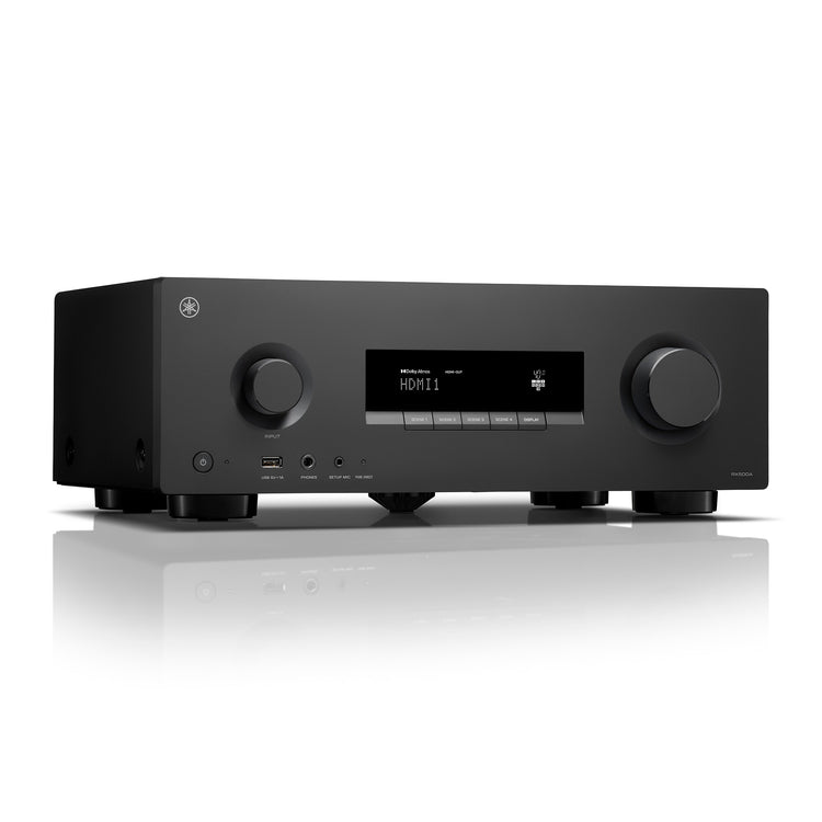 Front left angled image of Yamaha RX500A AV receiver showing round logo and headphone socket
