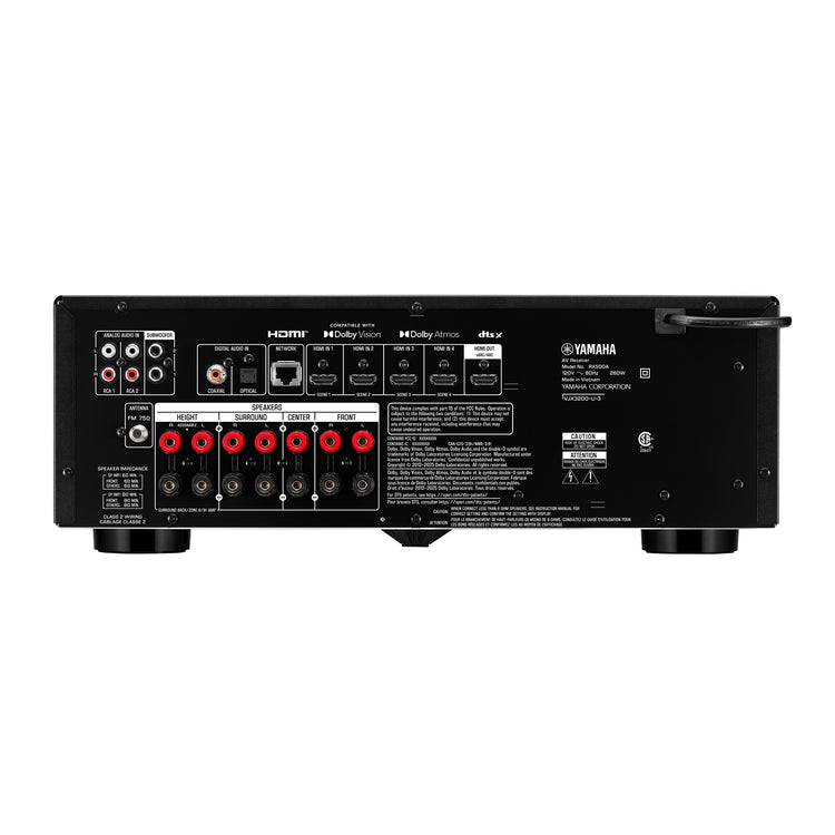 Rear panel of Yamaha RX500A showing speaker connections, HDMI sockets and other inputs & outputs 